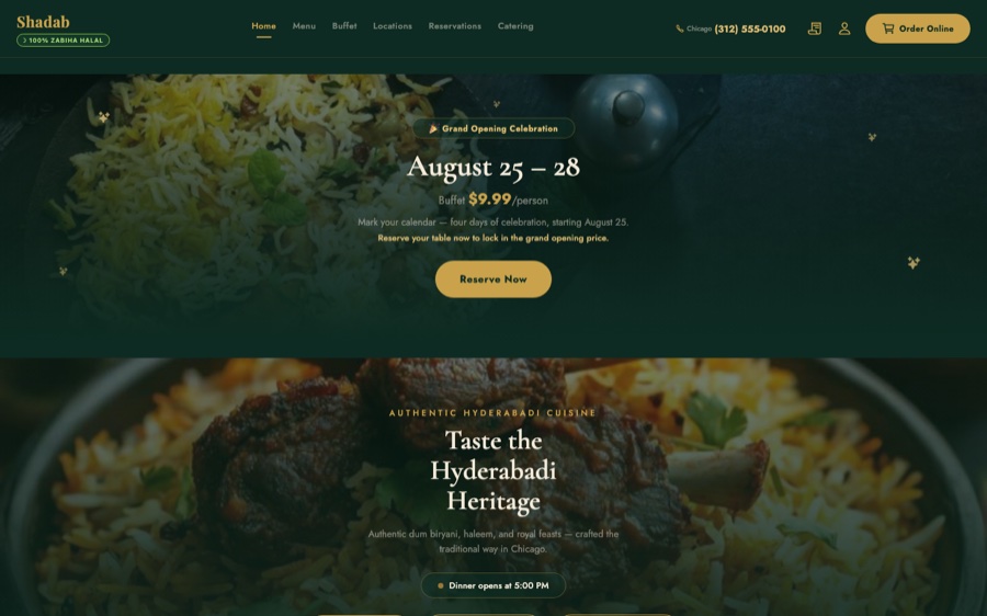 Shadab Hyderabadi restaurant website homepage